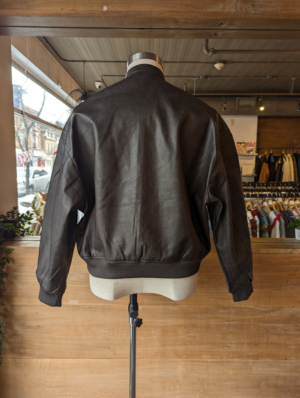 Vegan leather bomber jacket with double snap Collar