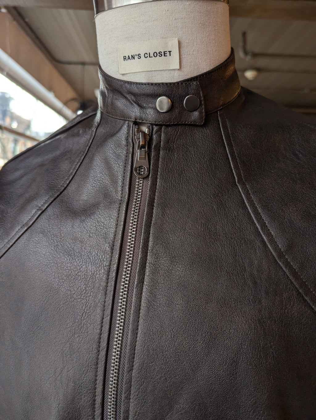Vegan leather bomber jacket with double snap Collar