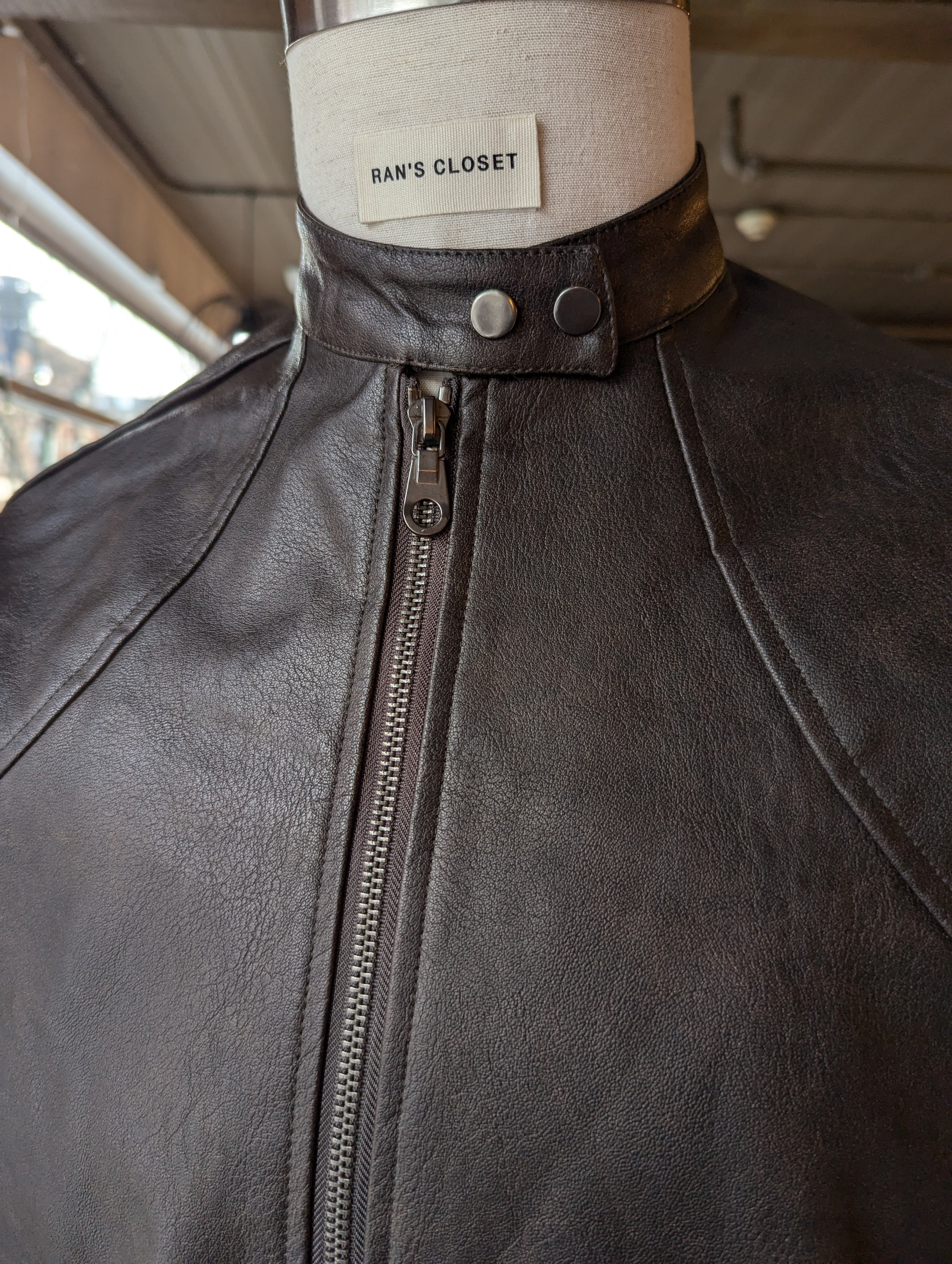 Vegan leather bomber jacket with double snap Collar