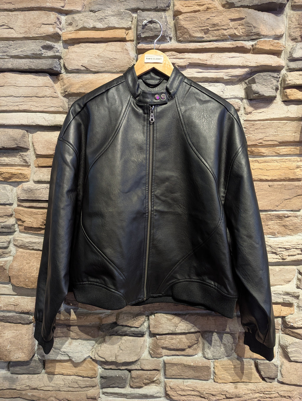 Vegan leather bomber jacket with double snap Collar