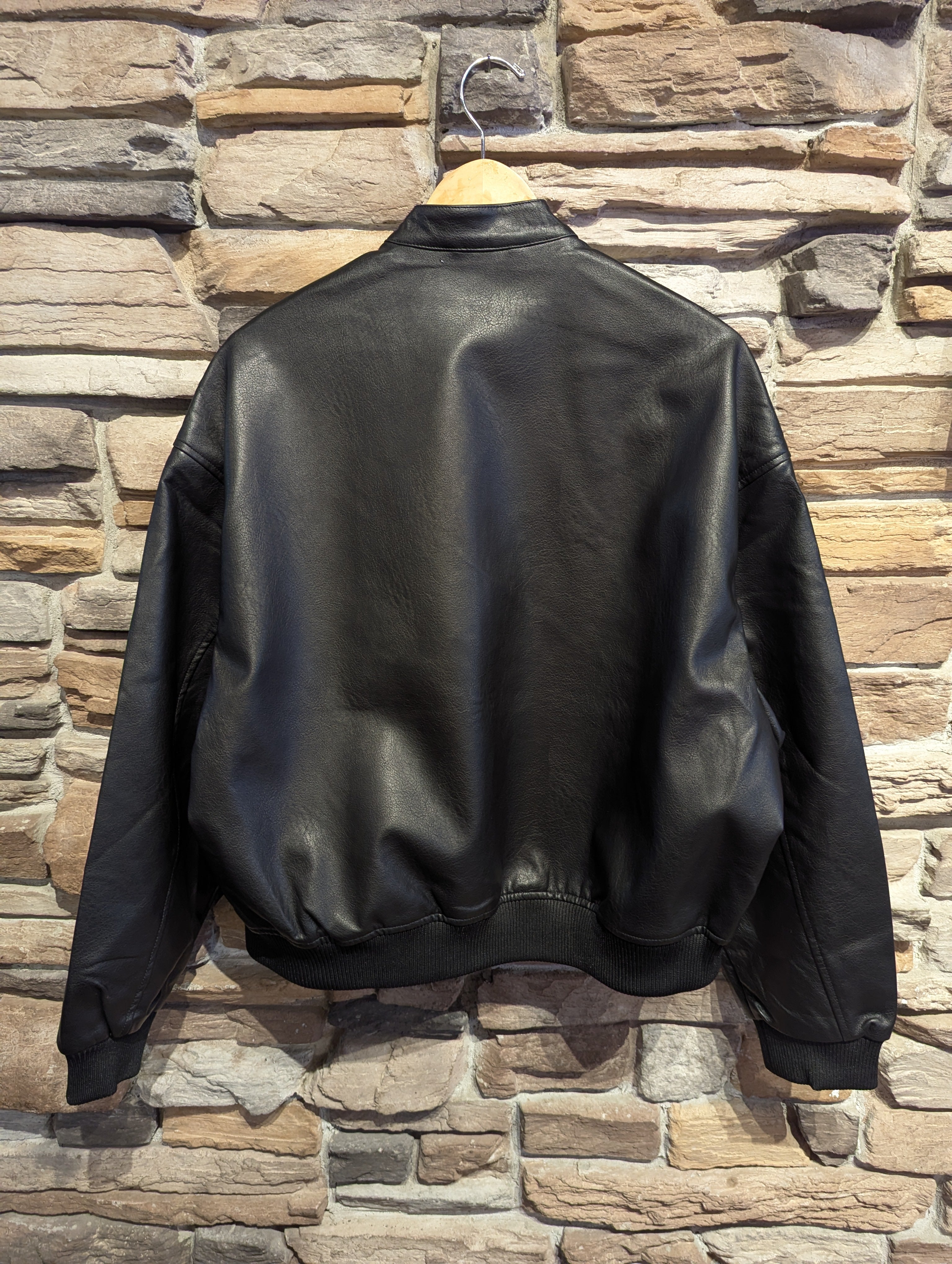 Vegan leather bomber jacket with double snap Collar