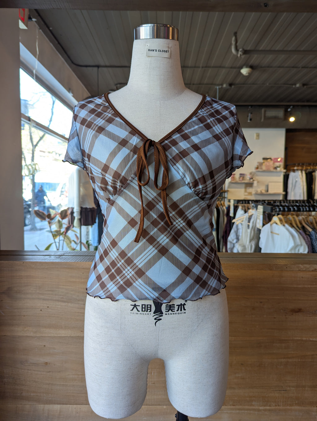 Café Day Plaid Mesh Top