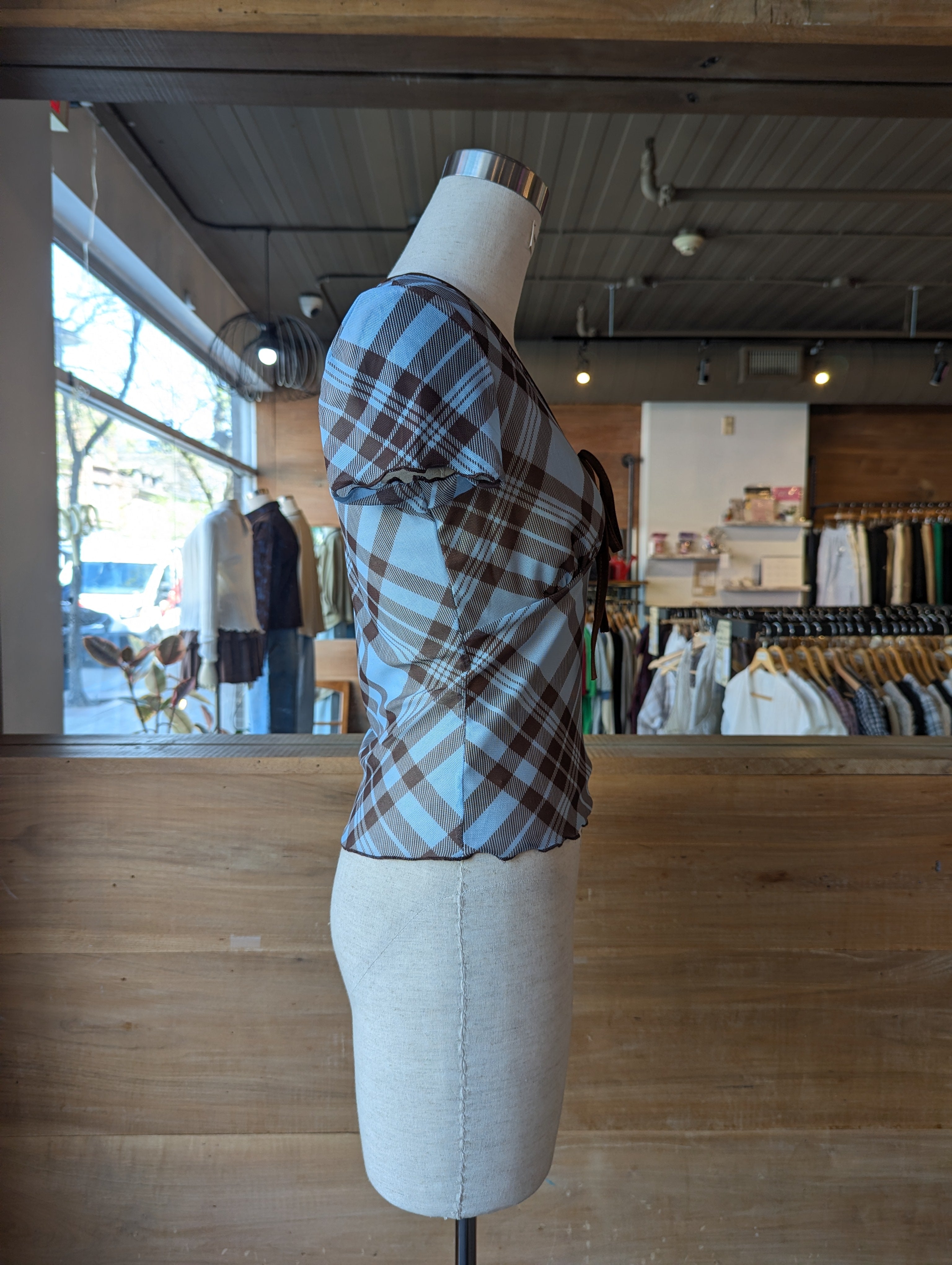 Café Day Plaid Mesh Top
