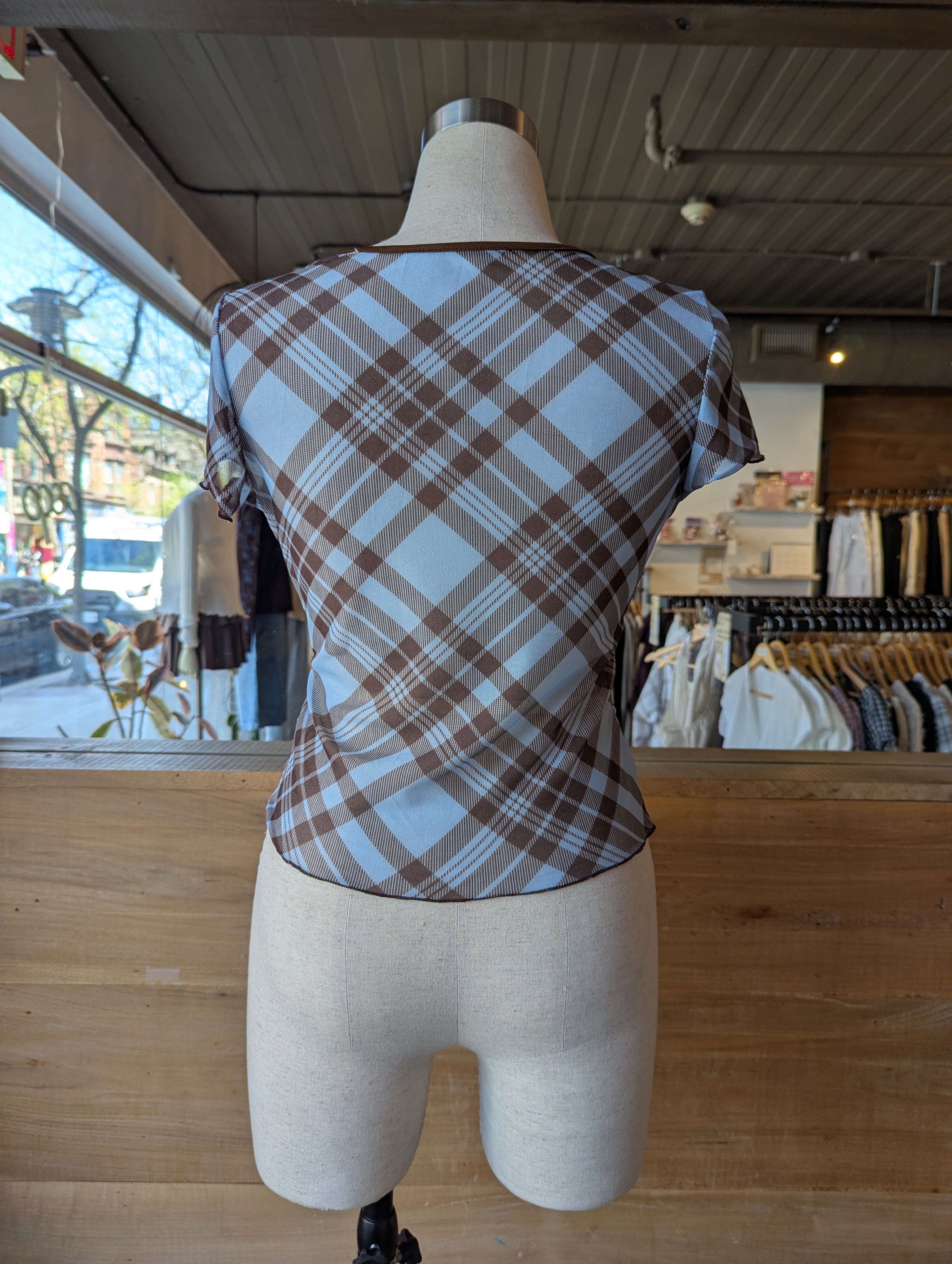 Café Day Plaid Mesh Top