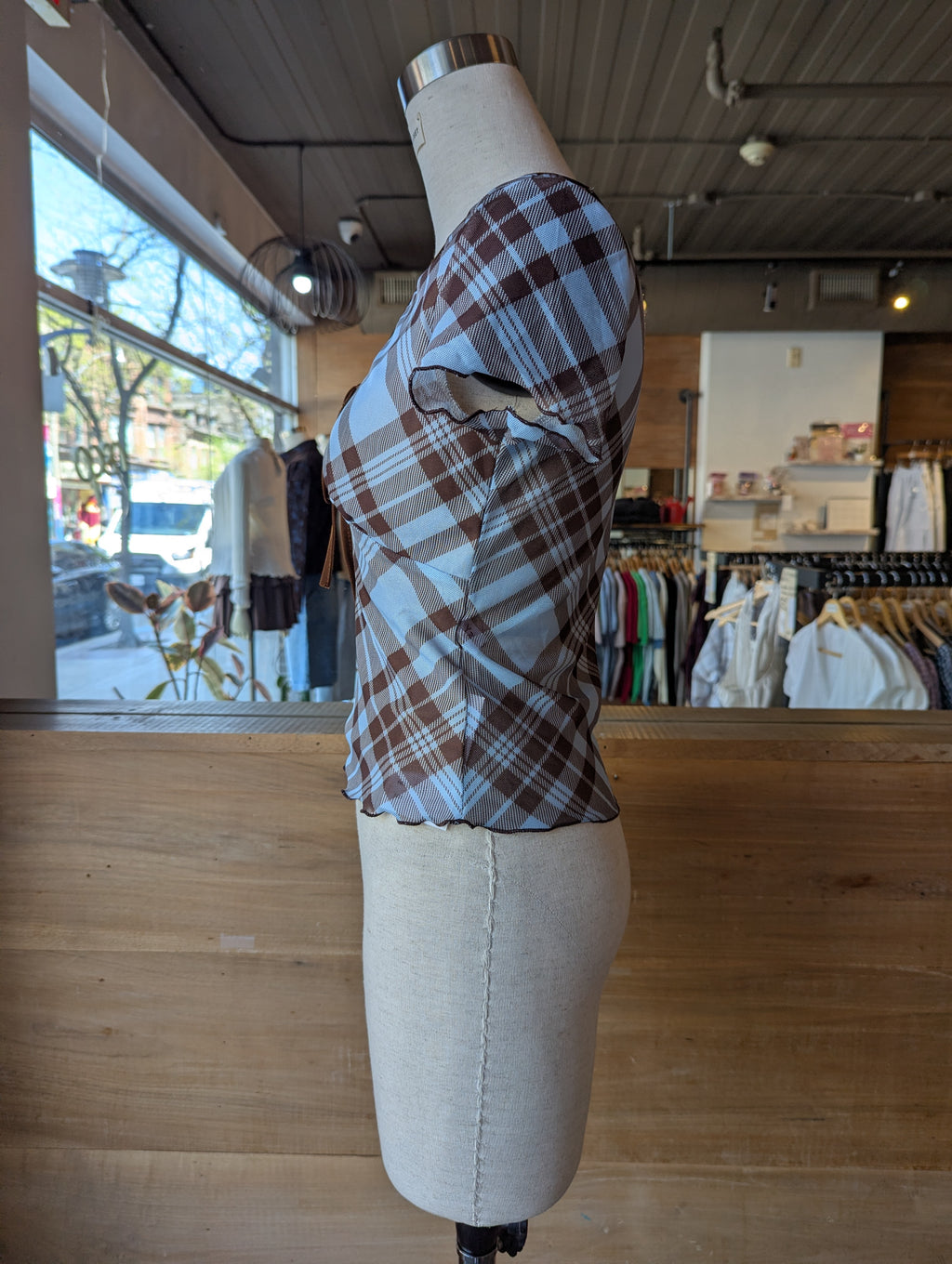 Café Day Plaid Mesh Top