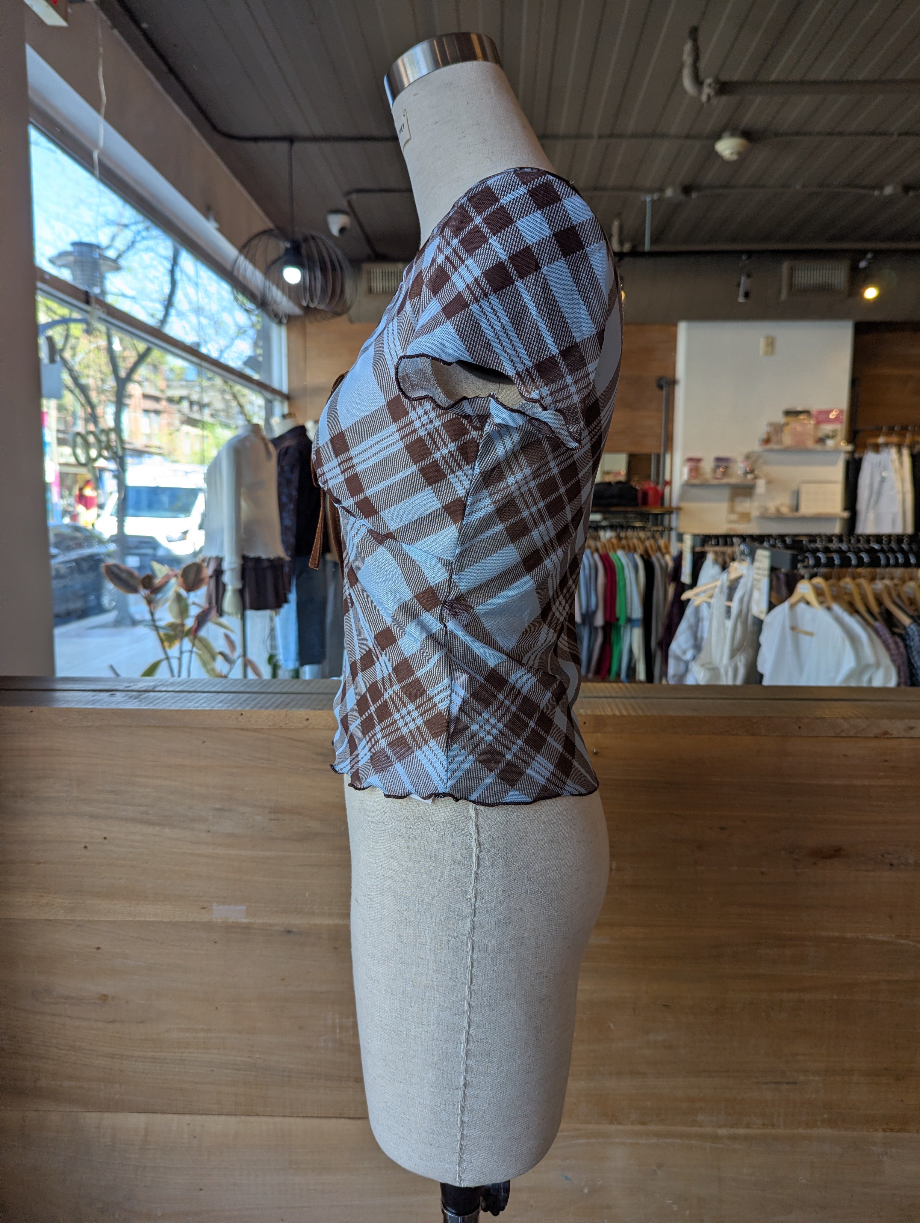 Café Day Plaid Mesh Top