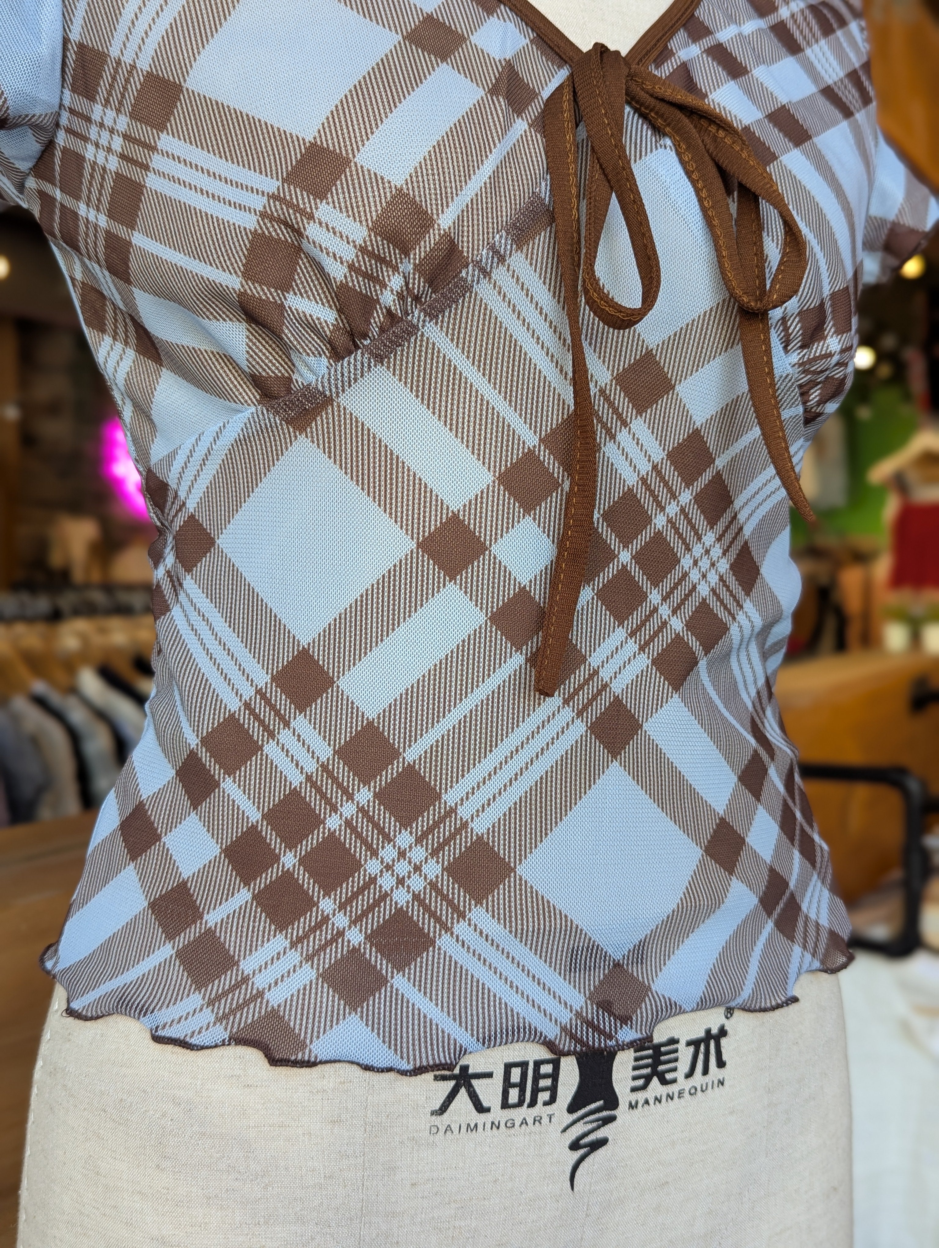 Café Day Plaid Mesh Top