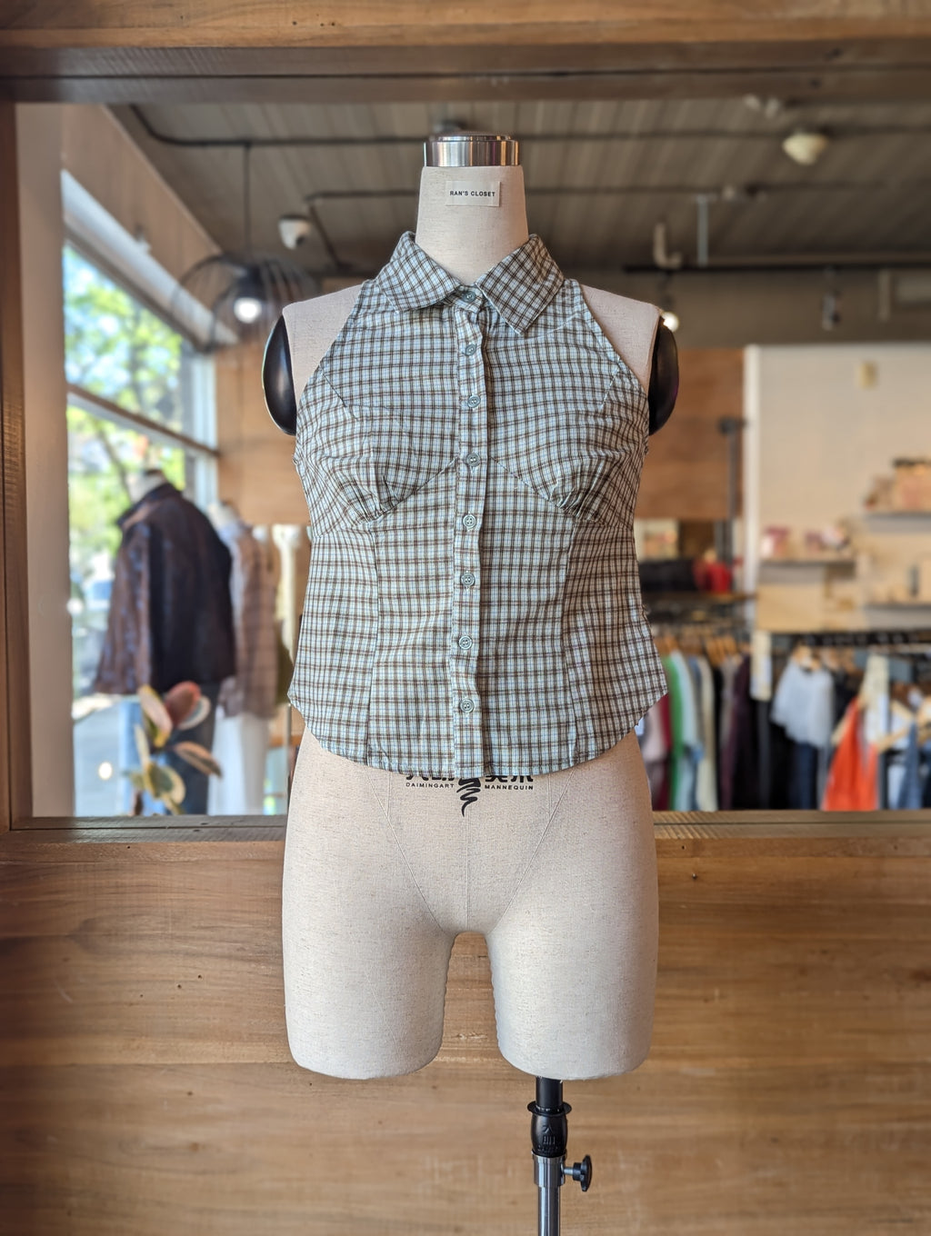 Riverside Check Halter Button-Up Top
