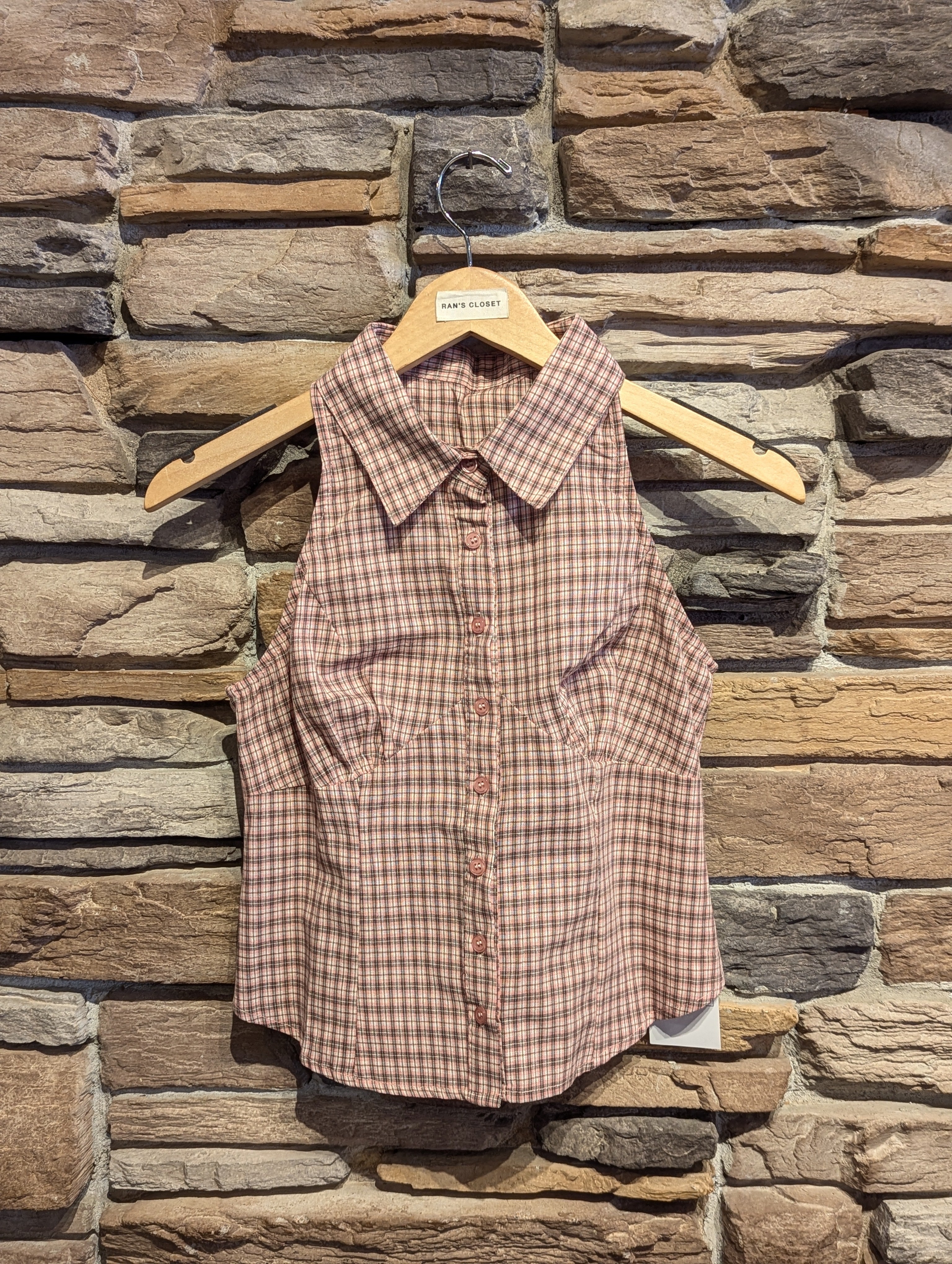 Riverside Check Halter Button-Up Top