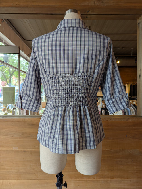 Bluebell Plaid Blouse 3/4 Length Sleeve Button-Down