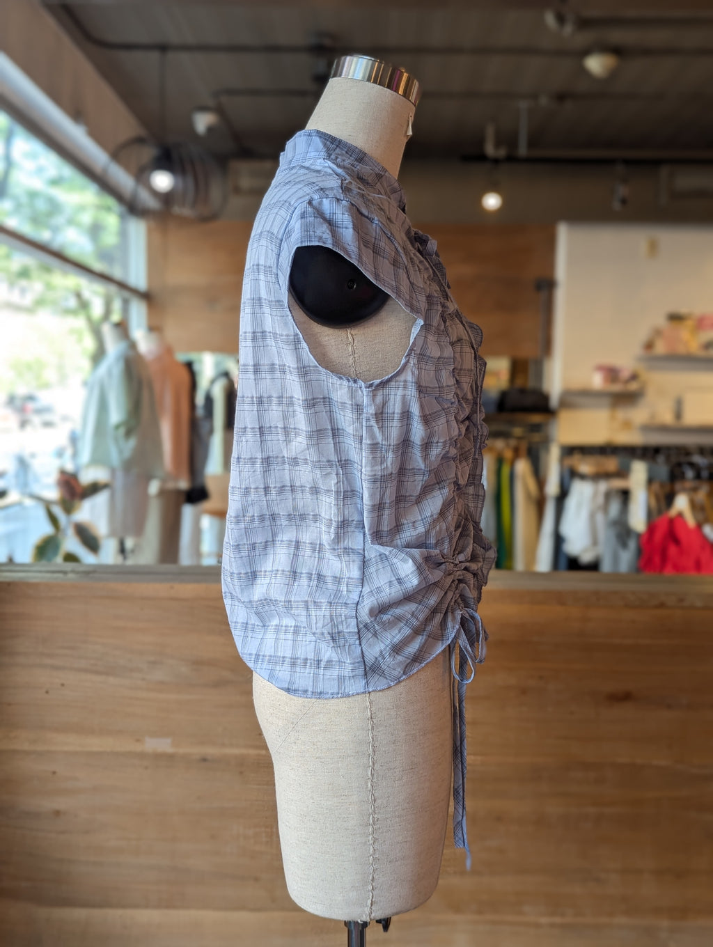 Skyline Plaid Cinch Tie-Neck Button Down Top