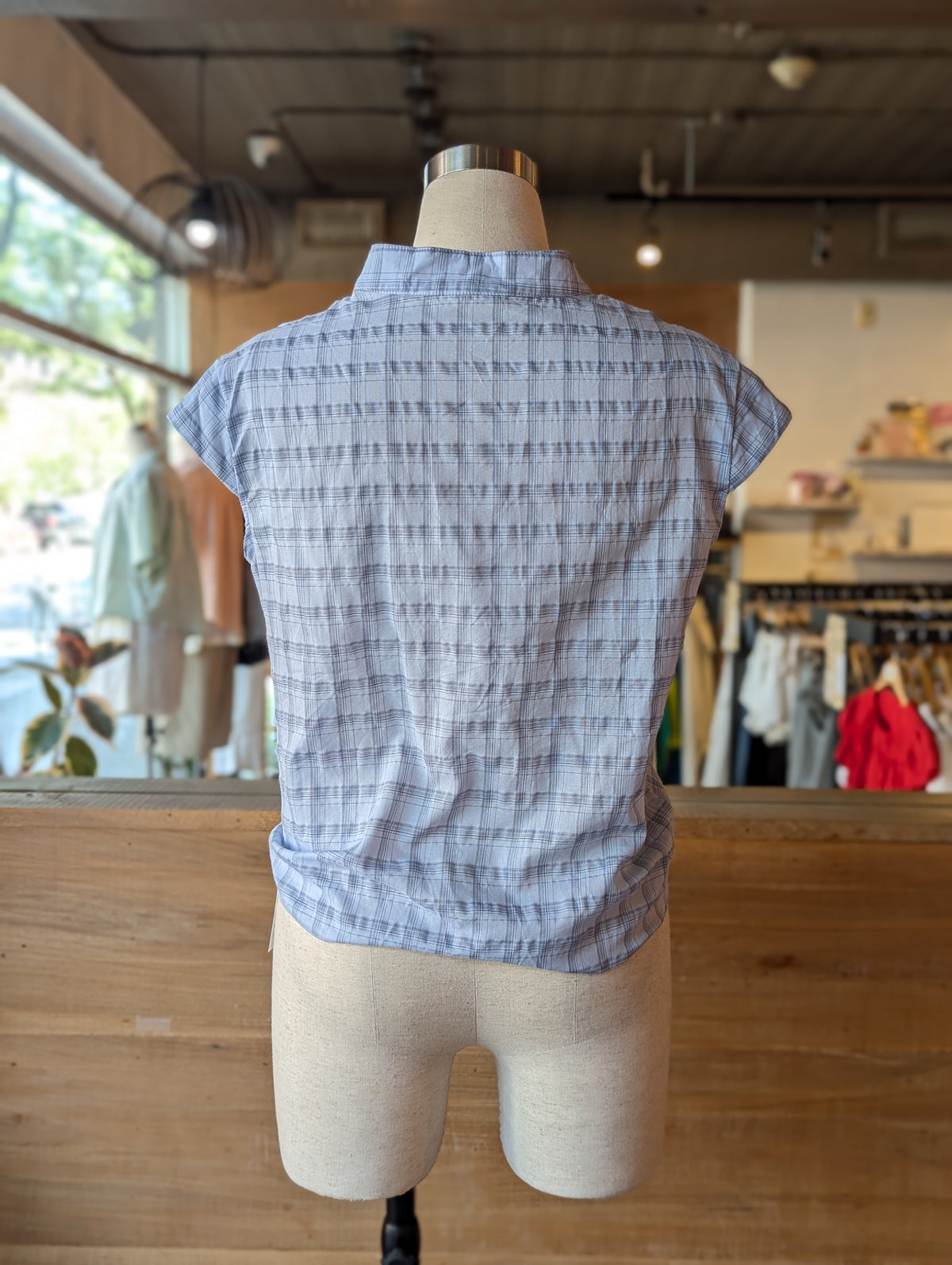 Skyline Plaid Cinch Tie-Neck Button Down Top