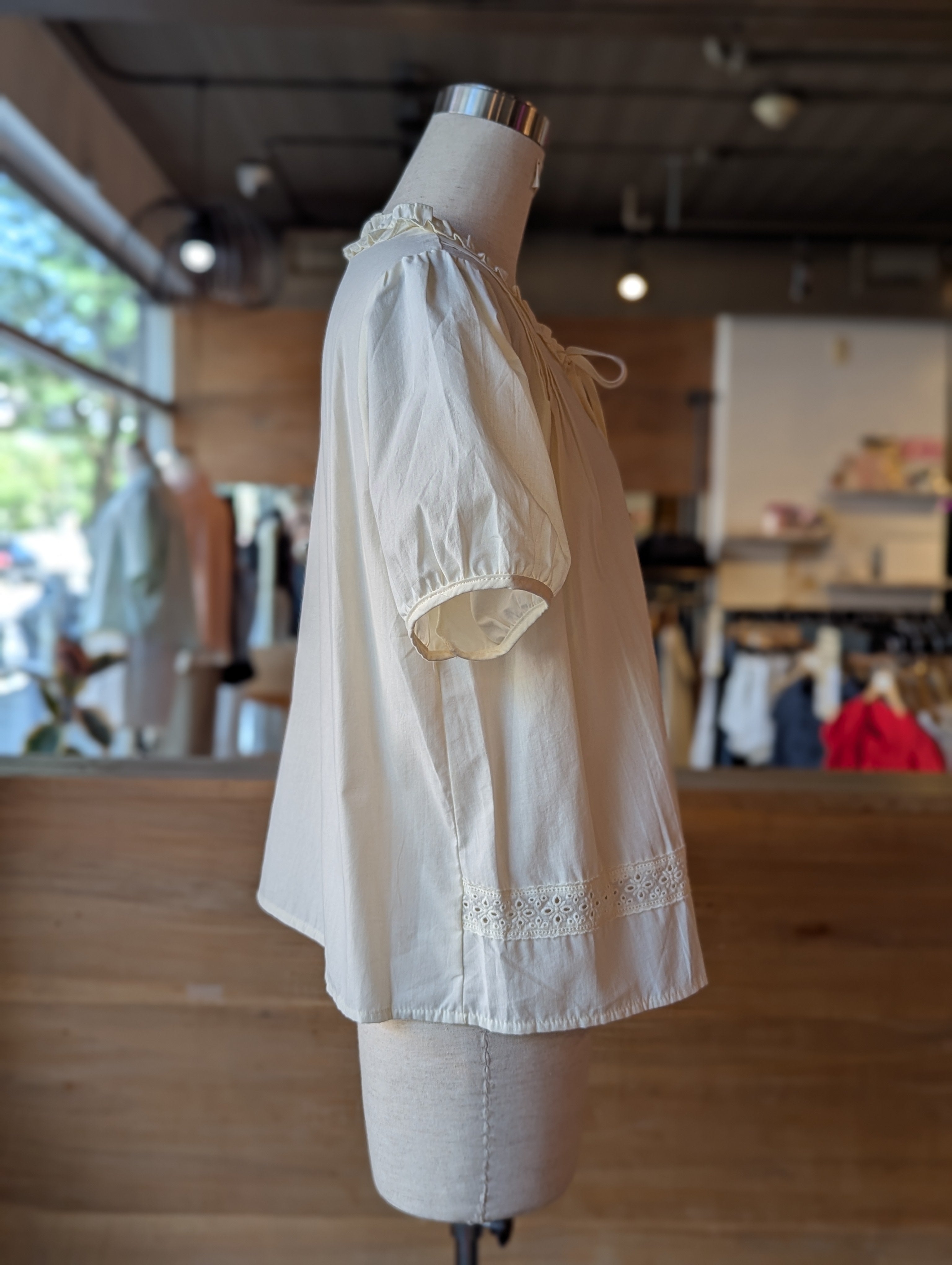 Buttercup Puff Sleeve Eyelet Button-Down Blouse