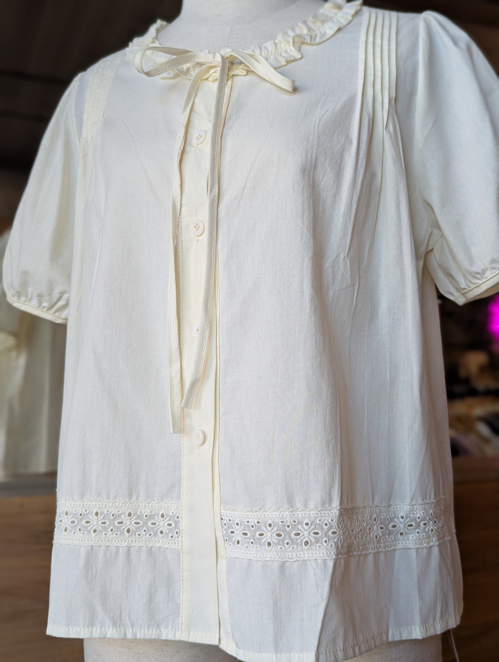 Buttercup Puff Sleeve Eyelet Button-Down Blouse