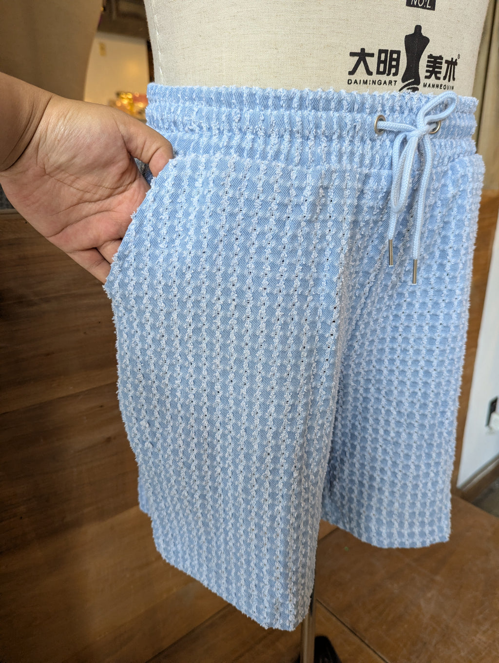 Grid Textured Denim Shorts
