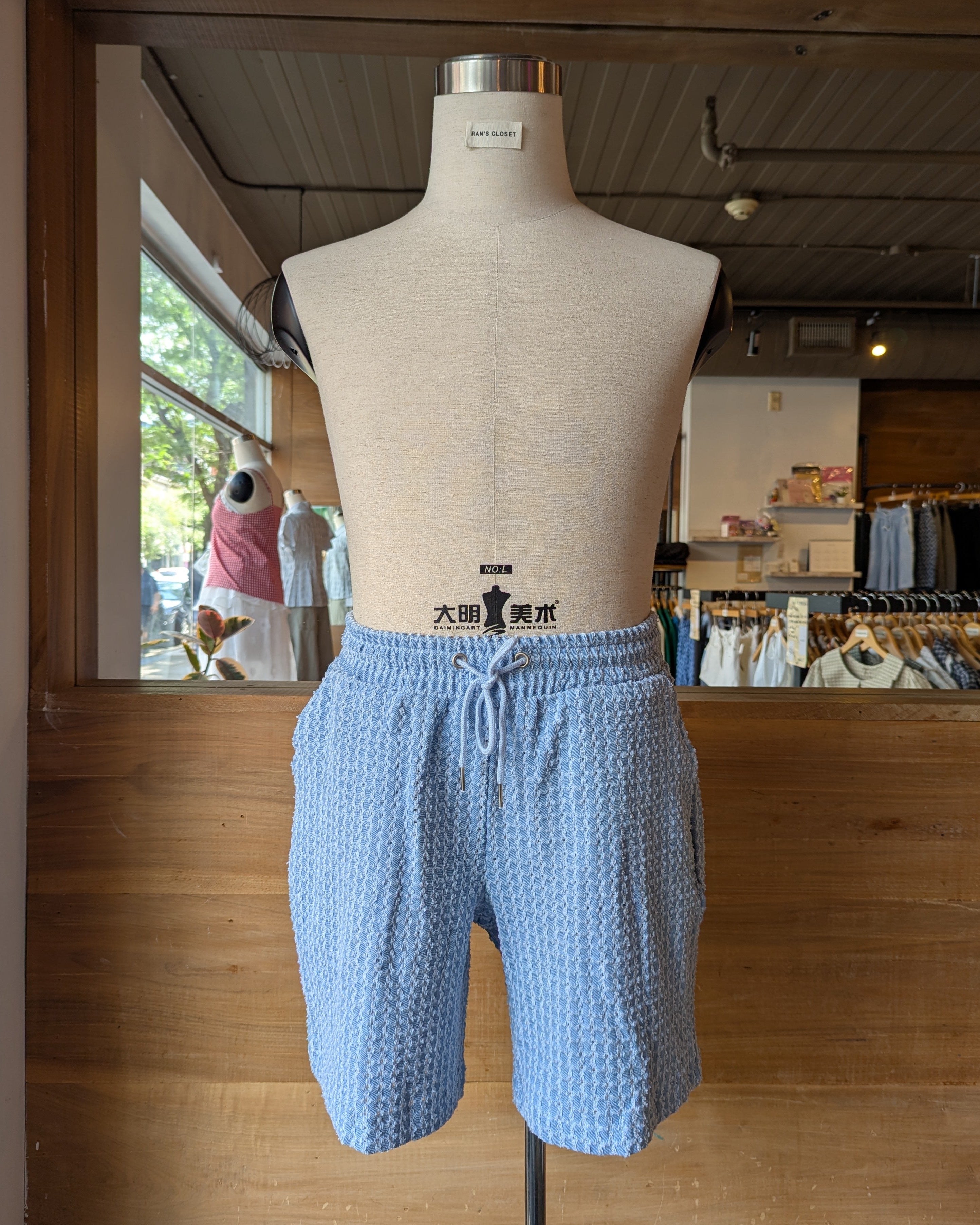 Grid Textured Denim Shorts