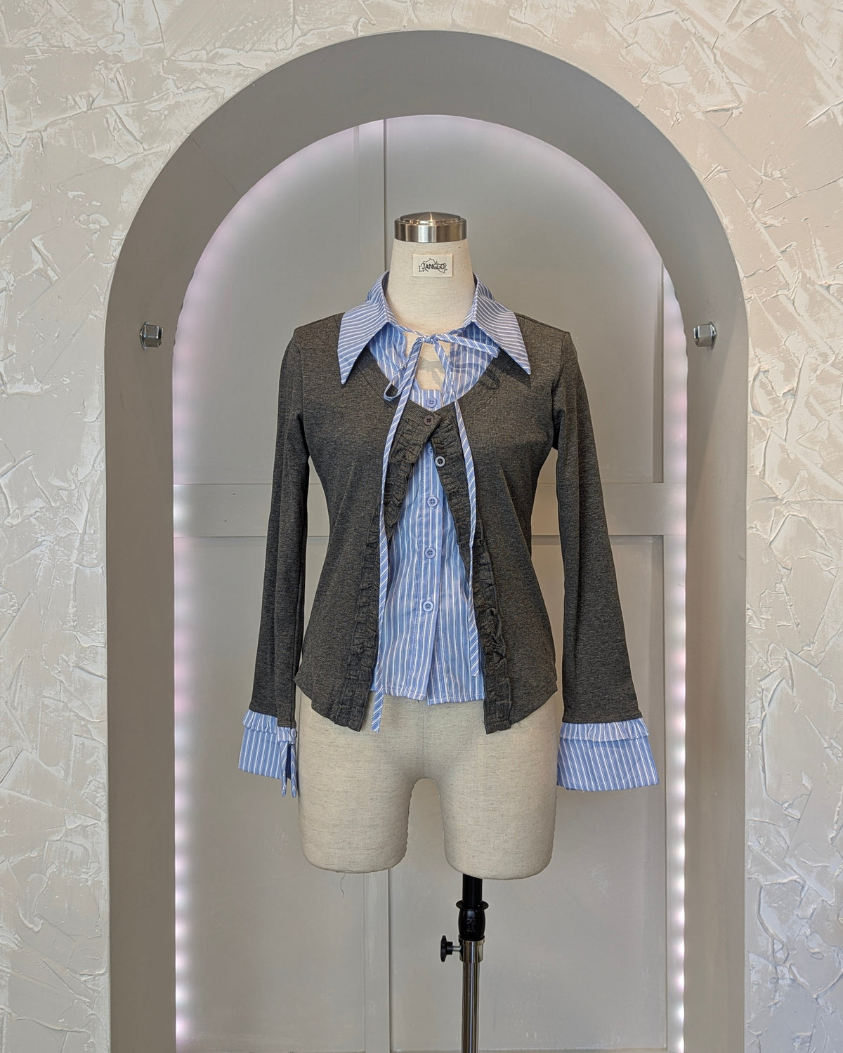 Ruffle Cardigan with Built in Collar Shirt