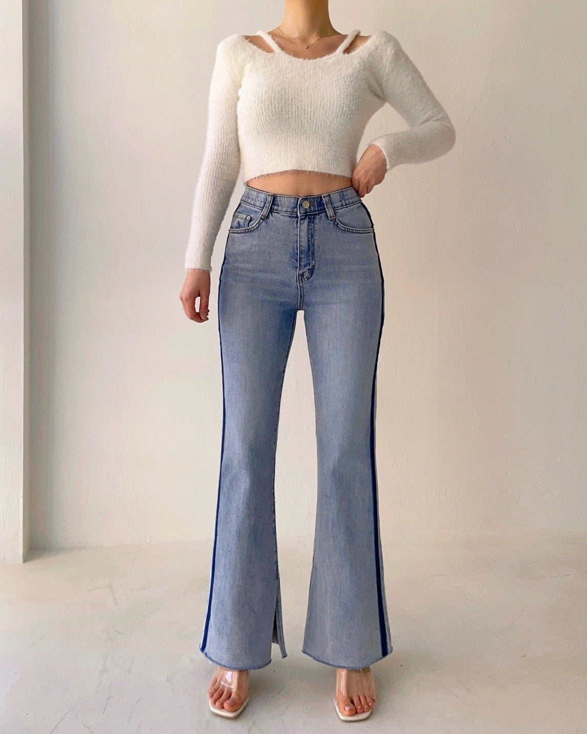 Bell bottom split hem flared jeans
